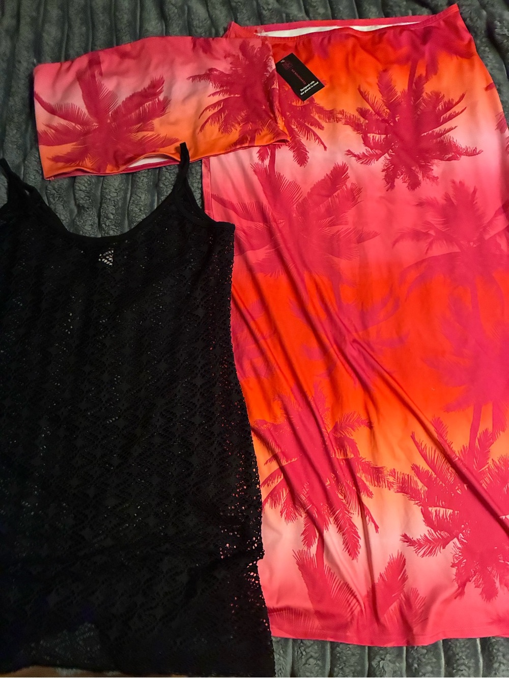 Tropical Palm Print Tube Top and Skirt SetPink Orange plus a free black coverup
